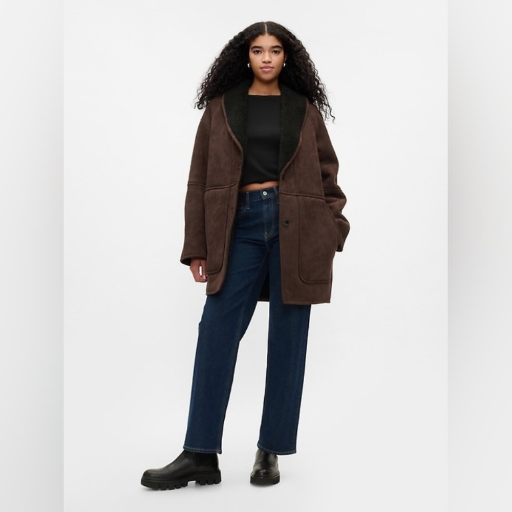 NWT Gap Vegan Suede Shawl Collar Coat Basic Black Brown - Picture 3 of 12